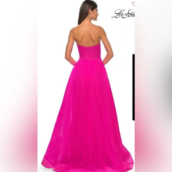 La Femme Hot Pink & Crystal Strapless Long Prom Ball Gown 31997 NWT - Picture 4 of 16